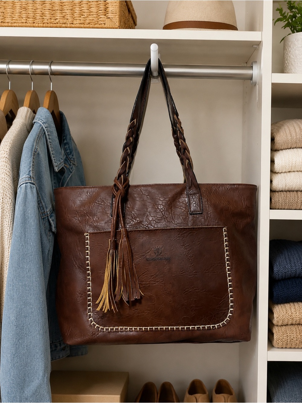 Weimeibaige Brown Braided Strap Oversized Tote Bag Tassel Whipstitch - Picture 2 of 11